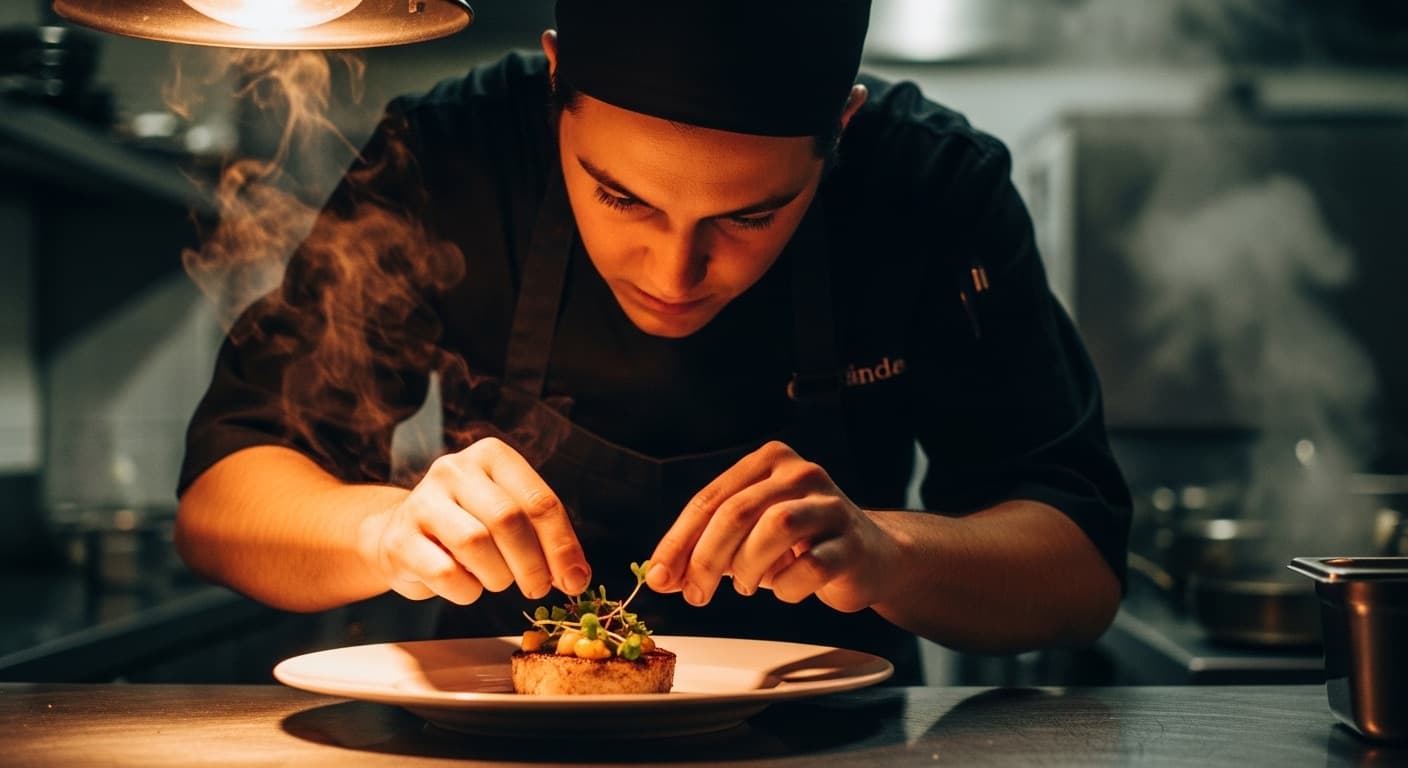 A chef finishing a plated dish on the kitchen pass during service